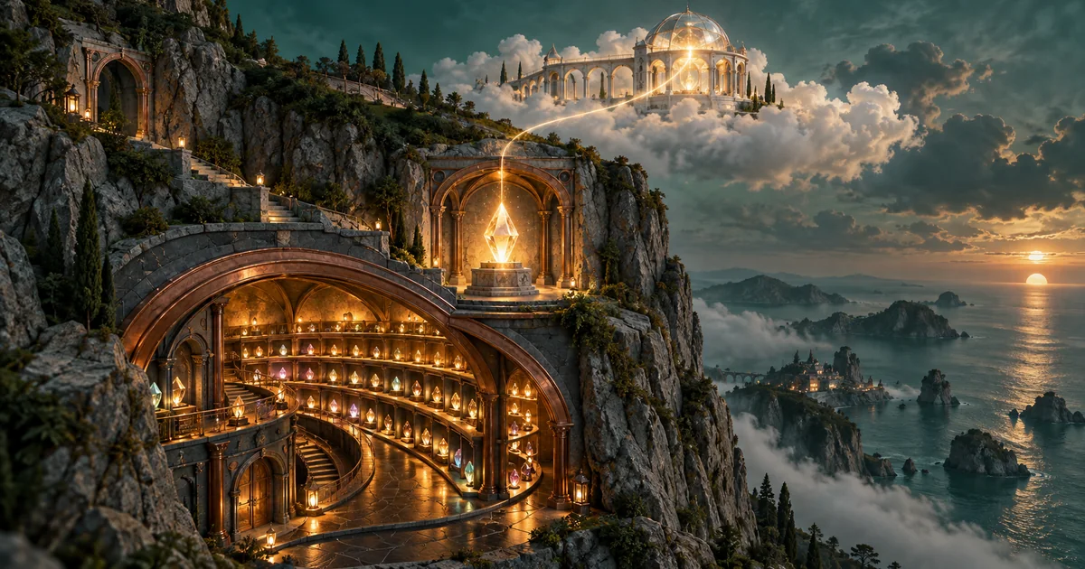 A cliffside memory archive connects local history, a permanent milestone and a cloud observatory.