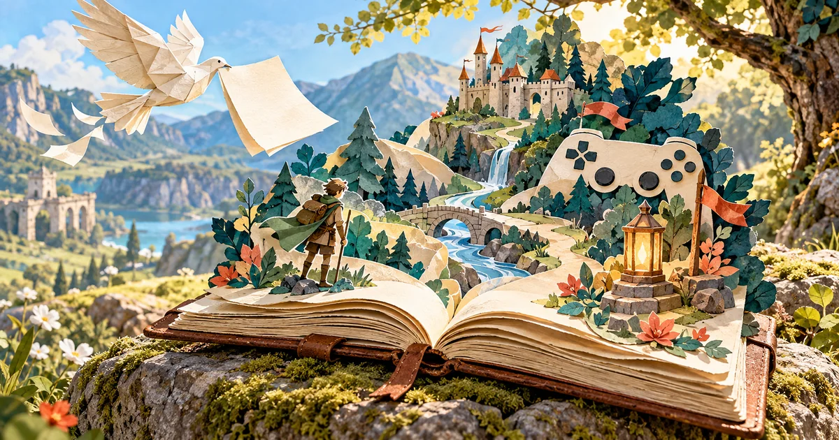 A paper-cut adventure world rises from an open journal as a folded bird delivers a page.