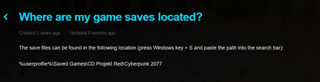 CD PROJEKT RED support showing the Cyberpunk 2077 Windows save path