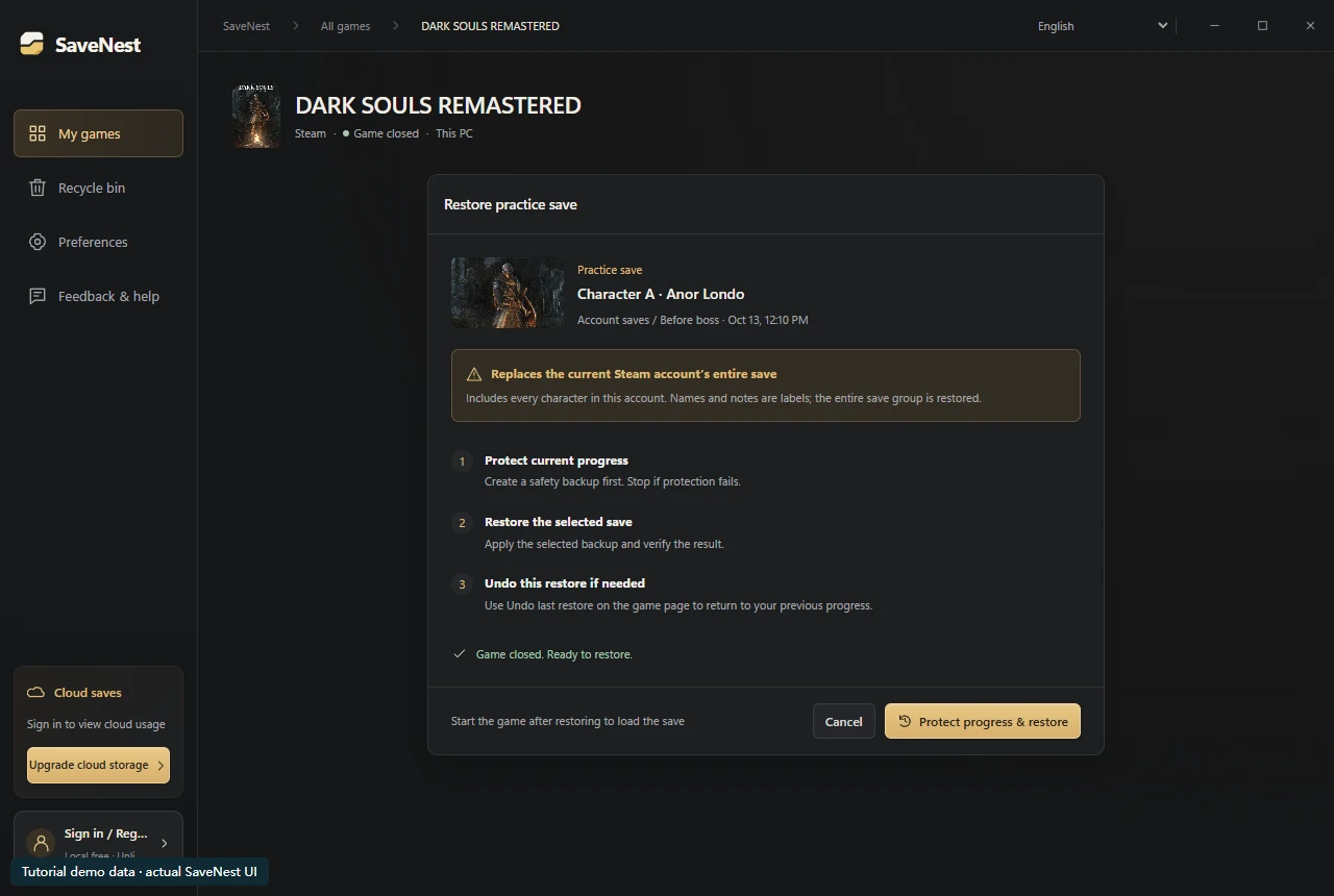 The confirmation states that account restoration includes every character, even when the label names one.