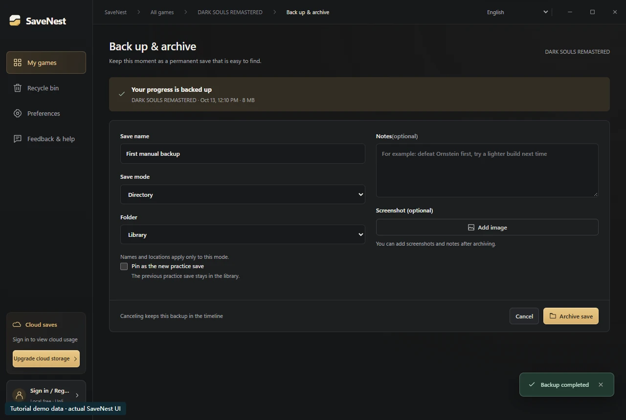 The archive form separates the saved snapshot from its name and library destination.