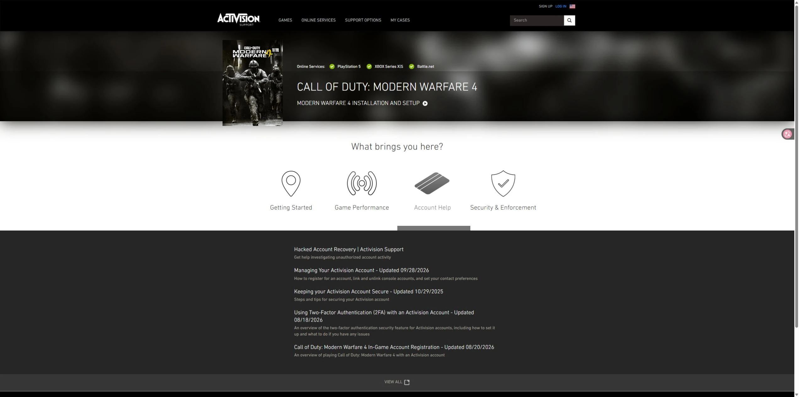 Account Help on the MW4 Activision support page.