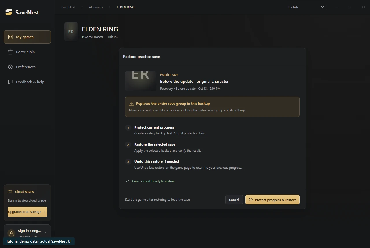 The restore confirmation exposes the destination and scope; inspect them before confirming.