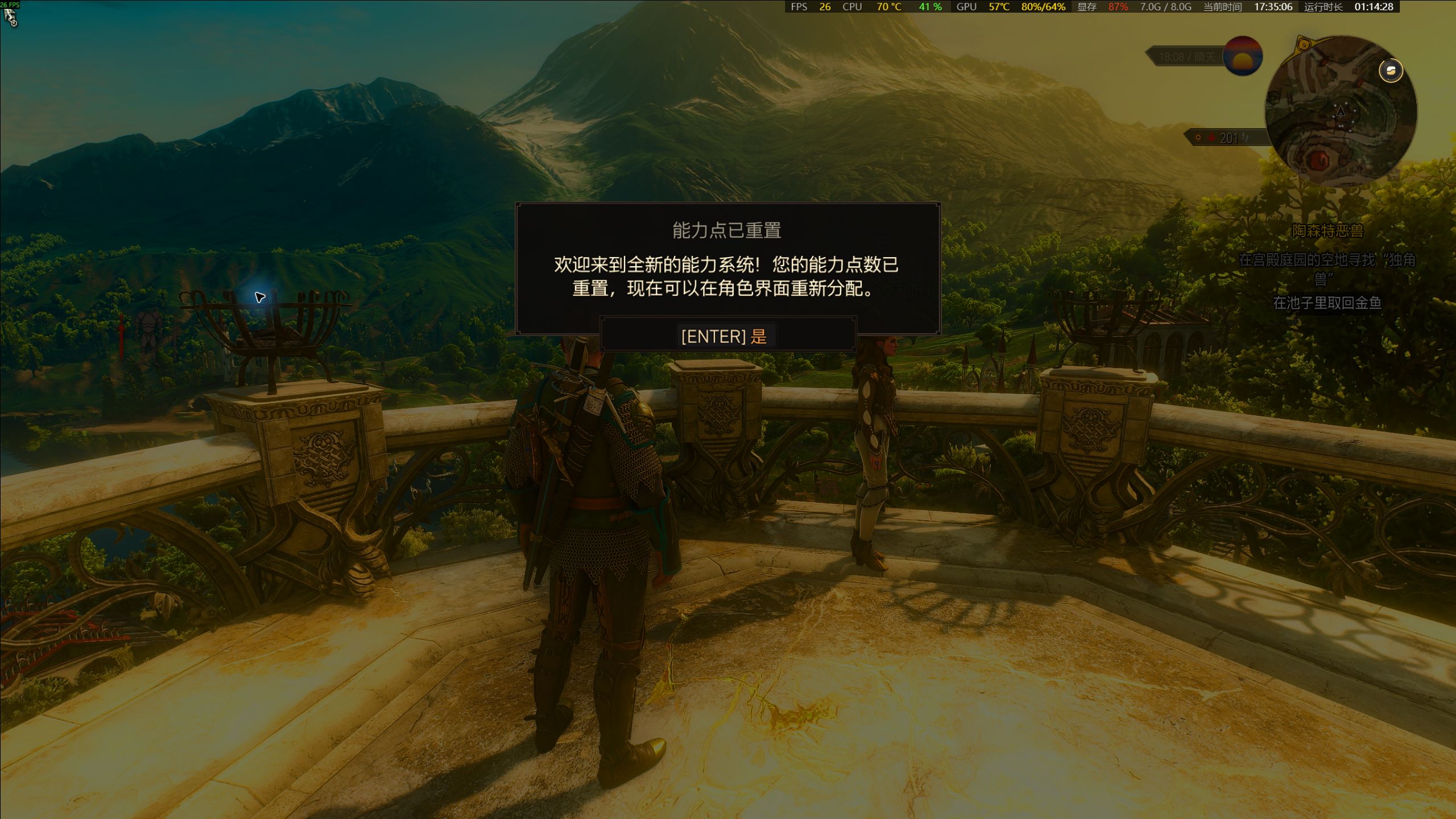 The Witcher 3 loaded scene in Toussaint, with a visible ability-point-reset notice.